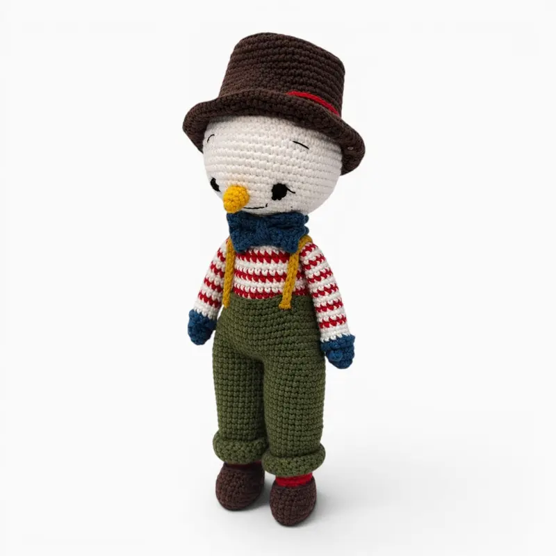 Gehäkeltes Schneemann Kuscheltier mit Hut und Schal