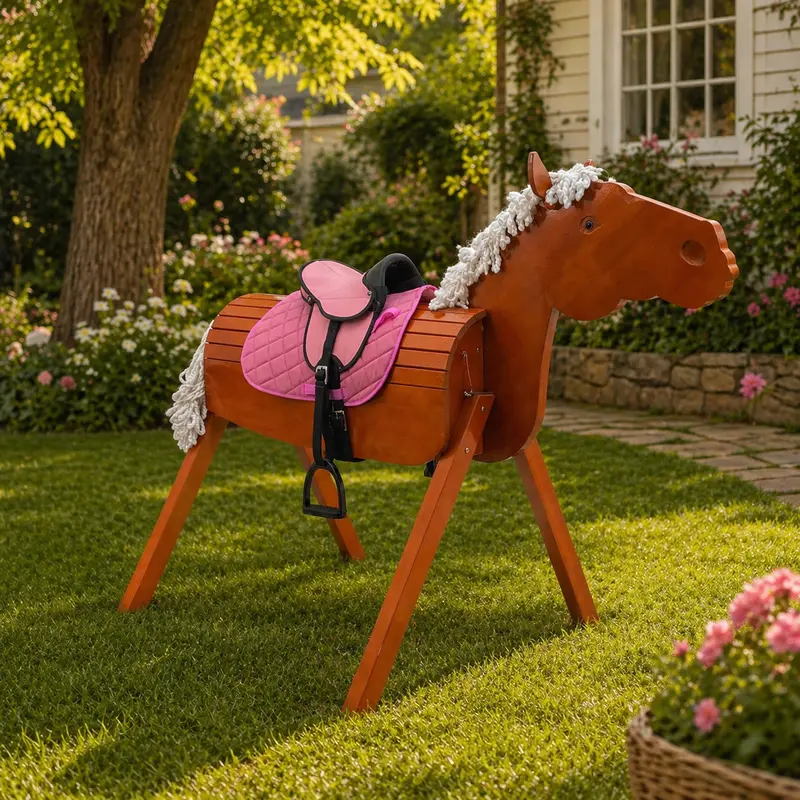 Outdoor Holzpferd Otto XL 150 cm braun mit rosa Sattel – Gartenpferd aus Holz bis 100 kg belastbar