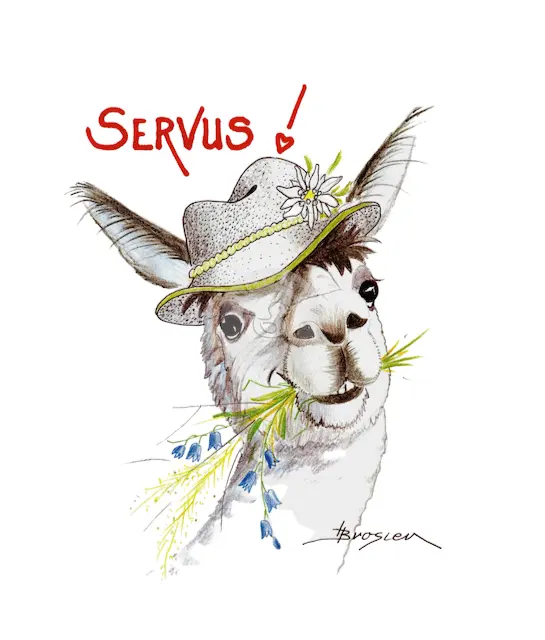Passepartout Bild Alpaka Bayern "Servus" 24 x 30 cm Heidemarie Brosien