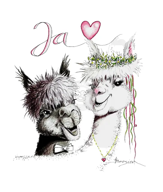 Passepartout Bild Alpaka "Hochzeit" 24 x 30 cm Heidemarie Brosien