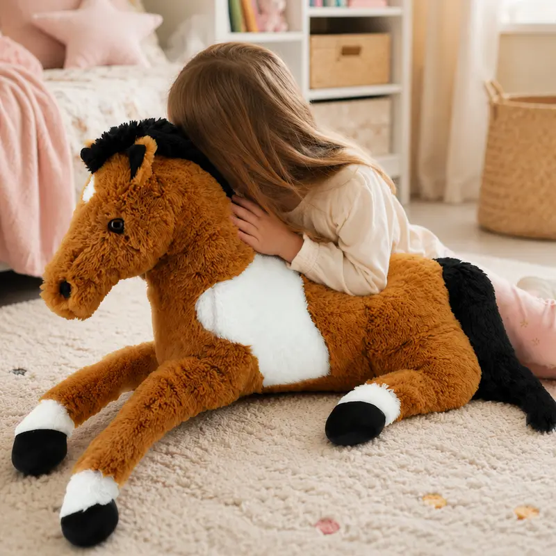 Plüschpferd braun-weiß, liegendes Kuschelpferd 90 cm, großes Kuscheltier für Kinder
