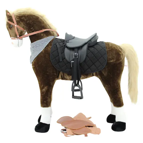 Sweety Toys 11056 -11094 Stehpferd XXL GIANT Riesen Reitpferd Choco mit beiger Mähne und Schweif Größe ca.125 cm Kopfhöhe bis 100 kg, mit Sattel
