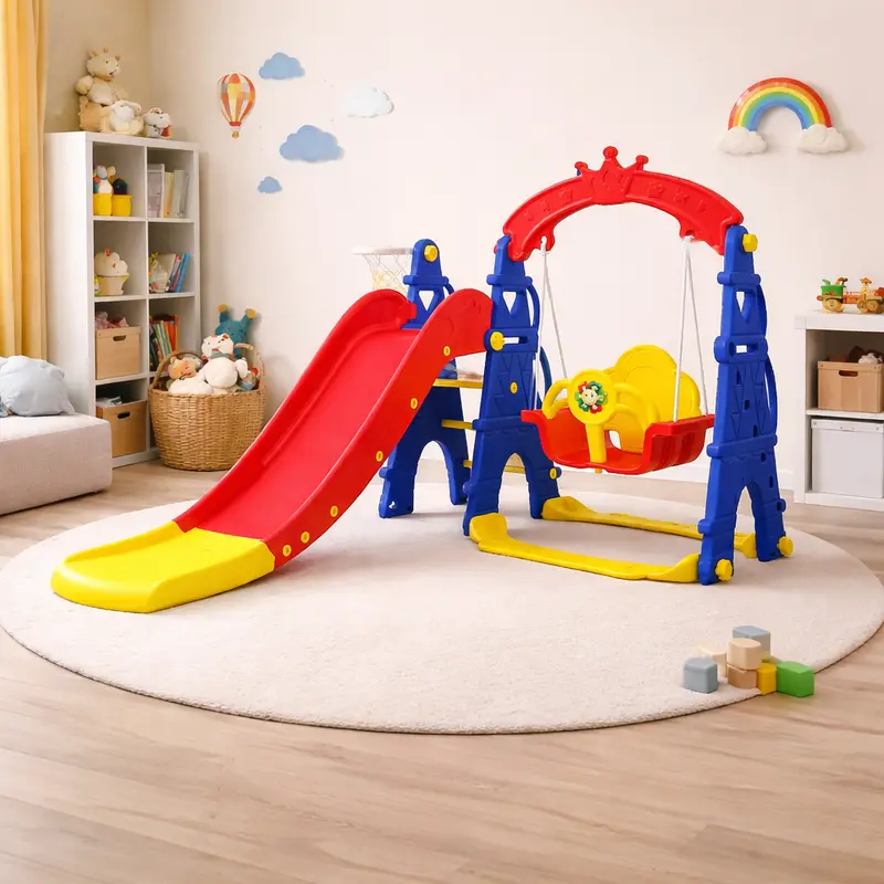 Sweety Toys 12718 Schaukel & Rutsche 3-in-1 mit Basketballkorb und Soundbox – rot/gelb/blau im Eifelturm-Design