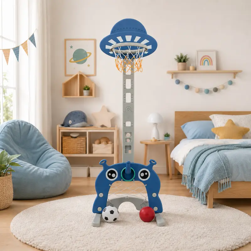 Sweety Toys 12749 Basketballkorb blau 3 in 1 Spielzeug - Ringe werfen, Fußballtor, Basketball