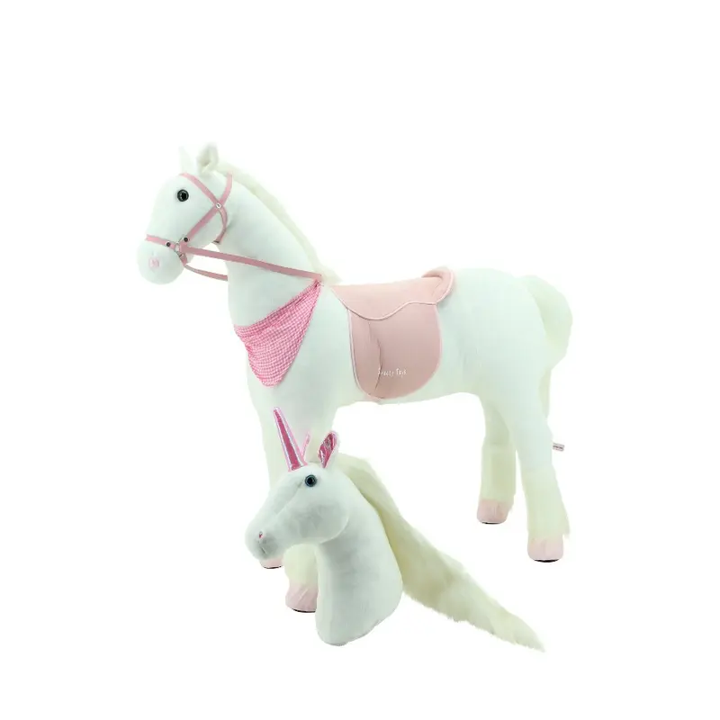 Sweety Toys 13869 Plüsch Stehpferd stabiles Pferd/ Einhorn Höhe 125cm Reitpferd weiß mit Stahlunterbau- mit 2 Wechselköpfen