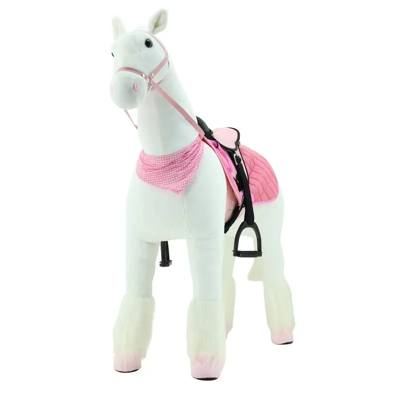 Sweety Toys 13883 Plüsch Stehpferd stabiles Robustes XXL Pferd mit Stahlunterbau Höhe 125cm Reitpferd Weiss mit rosa Sattel mit Steigbügeln