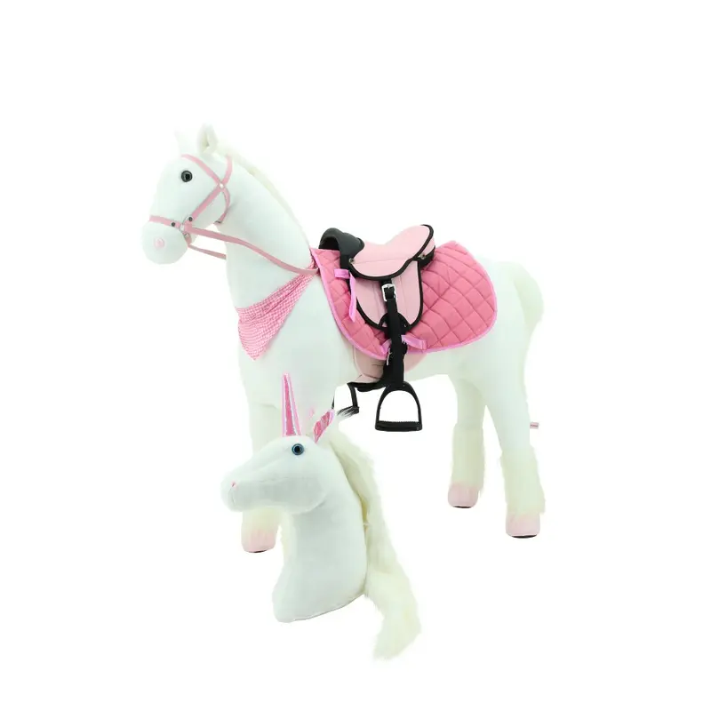 Sweety Toys 13890 Stehpferd XXL Reitpferd mit Stahlunterbau Höhe 125 cm Weiss mit rosa Sattel inkl. zweitem Kopf Einhorn