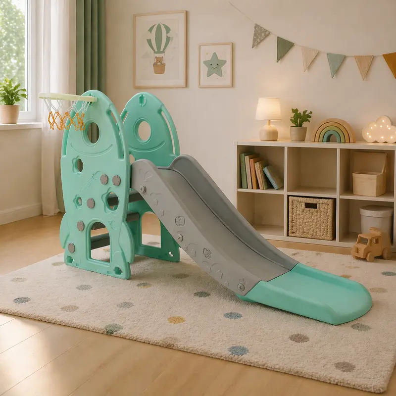 Sweety Toys freistehende Kinder Rutsche im Raketendesign türkis 2-in-1 mit Basketballkorb