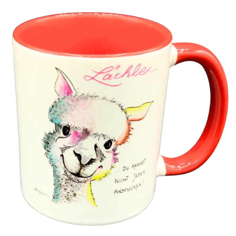 Tasse Kaffeetasse Becher Alpaka "Lächeln" Lustiger Spruch 4 Farben Heidemarie Brosien