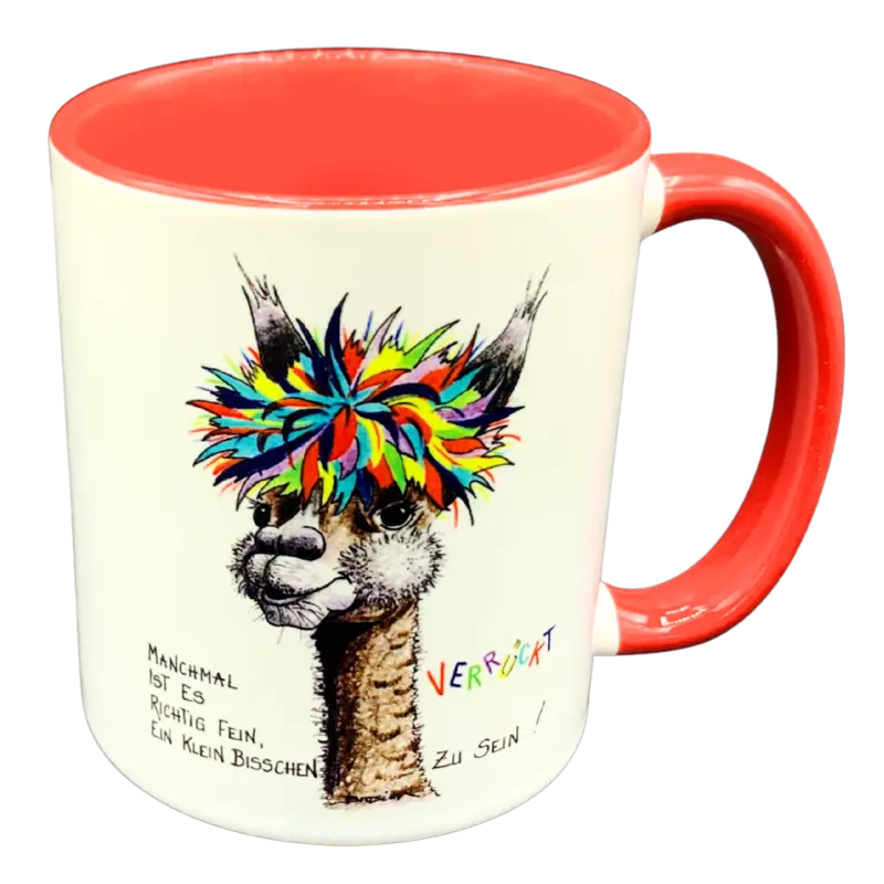 Tasse Kaffeetasse Becher Alpaka "Verrückt" Lustiger Spruch 4 Farben Heidemarie Brosien